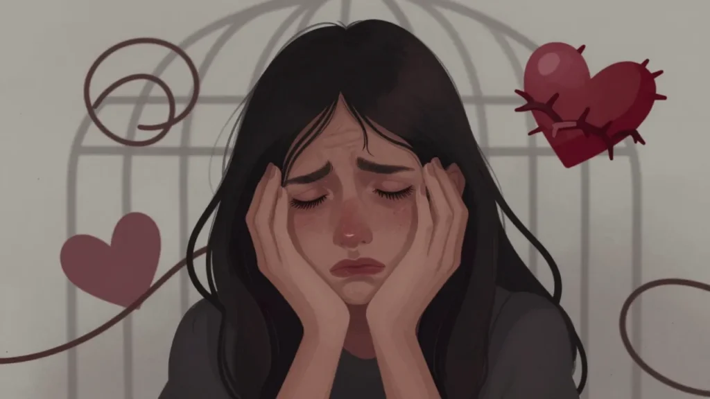 Illustration artistique de l'obsession amoureuse douloureuse et de la limérence - pensées envahissantes et souffrance émotionnelle